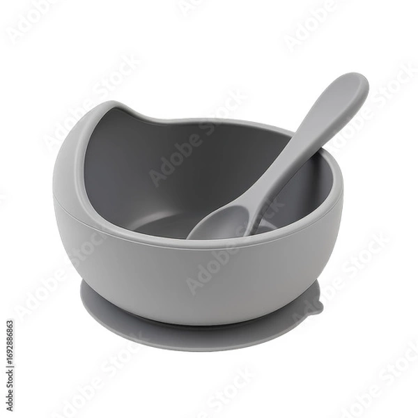 Fototapeta Photo of gray silicone baby bowl with suction base and matching spoon, isolated on transparent background