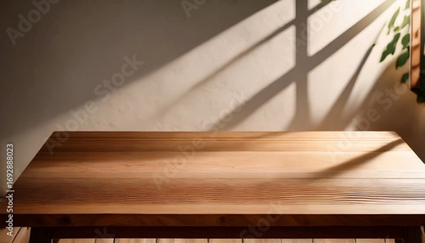 Fototapeta A Rustic Wooden Table With A Rich Textured Grain Positioned Against A Softly Lit Wall With Dramatic Shadow Play The Natural Wood Surface Is Smooth Yet Organic Offering Ample Negative Space For