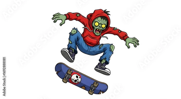 Obraz Dynamic vector illustration of a cartoon zombie skater in a red hoodie executing an aerial skateboard trick