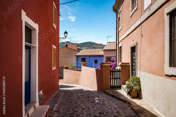 Fototapeta Sunlight illuminating a picturesque alley with colorful houses and cobblestone pavement in Capraia Island, Tuscany, Italy, creating a charming Mediterranean atmosphere