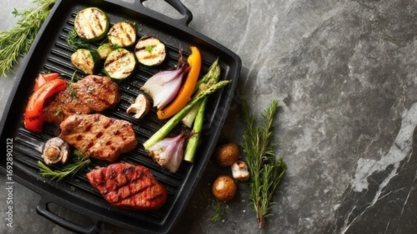 Fototapeta Overhead shot of a grill with assorted meats and veggies, white marble countertop, gray slate background, natural shadows