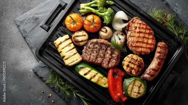 Fototapeta Overhead shot of a grill with assorted meats and veggies, white marble countertop, gray slate background, natural shadows