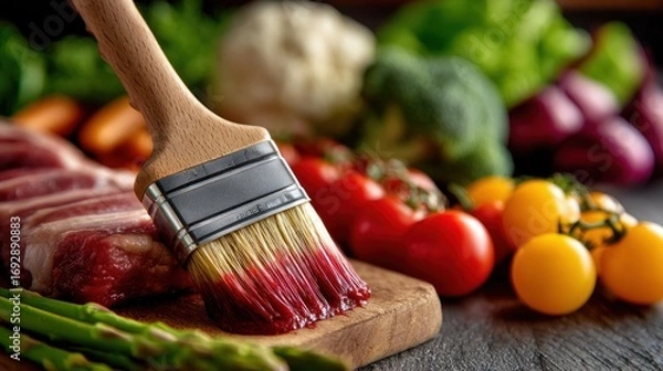 Fototapeta A close-up of a meat marinade brush with vibrant vegetables in the background, emphasizing freshness and trust