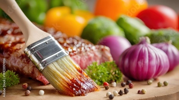 Fototapeta A close-up of a meat marinade brush with vibrant vegetables in the background, emphasizing freshness and trust