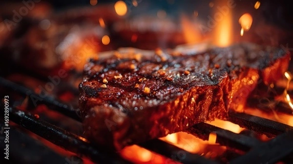 Fototapeta A close-up of a sizzling steak on a grill with vibrant reds and browns, capturing energetic and mouthwatering vibes
