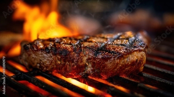 Fototapeta A close-up of a sizzling steak on a grill with vibrant reds and browns, capturing energetic and mouthwatering vibes
