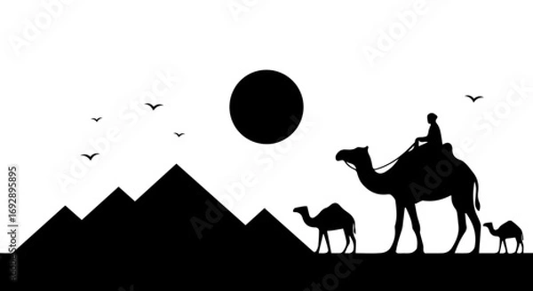 Fototapeta Camel caravan with pyramids and sun, vector illustration in black silhouette isolated on a white or transparent background.