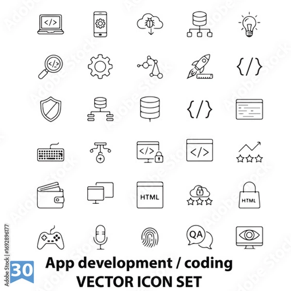 Obraz App Development and Coding Icons Set – Vector Software, Programming, Web, and Mobile Application Symbols