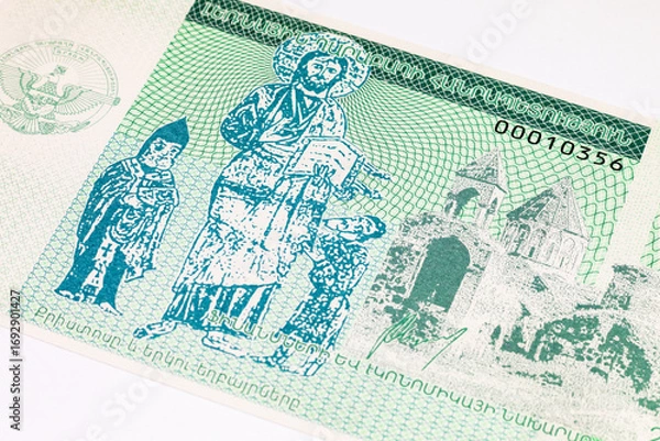 Fototapeta 10 Dram Nagorno Karabakh Banknote with the image of Gandzasar monastery and Jesus. Money of Nagorno Karabakh. Unrecognized republic.