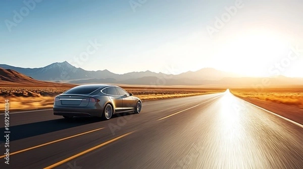 Fototapeta Car driving on an empty desert highway with mountains in the distance under a clear sky