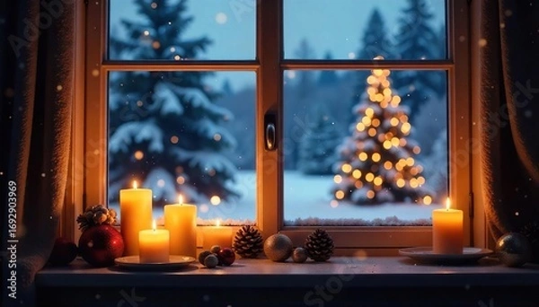 Obraz Cozy winter scene with flickering candlelight illuminating a snowy landscape outside a window Perfect for holiday, hygge, and winter themes , magical, snow, winter