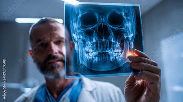 Fototapeta Doctor holding and examining a skull x ray with a focused expression in a medical setting