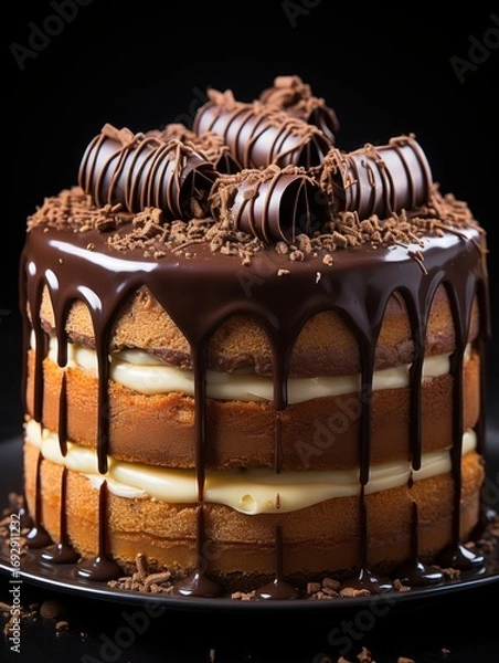 Fototapeta A layered cake with chocolate ganache dripping down and chocolate curls on top on a black background
