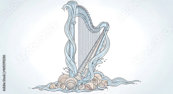 Fototapeta Abstract harp made of blue and white digital elements, isolated on white background