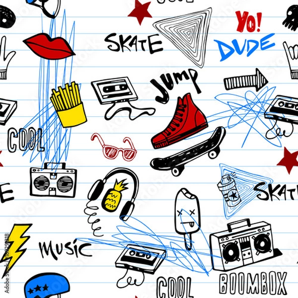 Fototapeta Seamless pattern with Hipsters teens doodles
