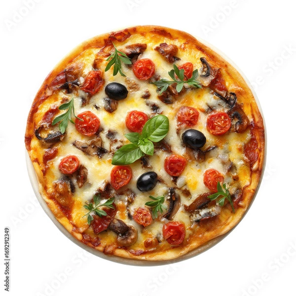 Fototapeta Delicious pizza topped with fresh basil, cherry tomatoes, and olives on a wooden table ready for serving