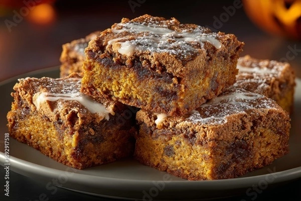 Fototapeta Plate of pumpkin pie bars topped with icing, showcasing crumbly squares with squash filling. Concept of warm, inviting atmosphere featuring pumpkin pie bars.
