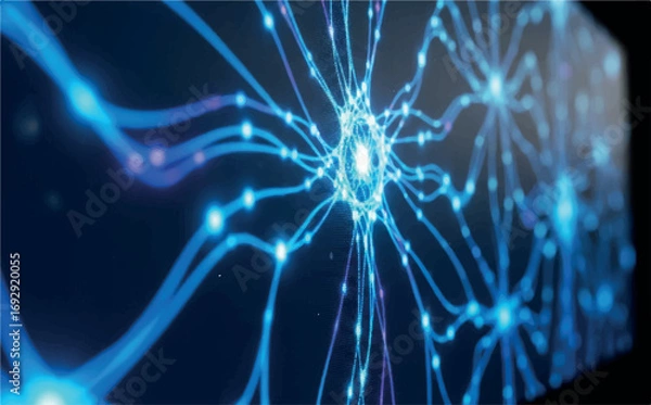 Fototapeta Closeup of a glowing blue neural network, illustrating brain activity, artificial intelligence, and interconnectedness
