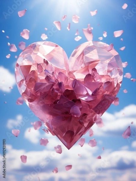 Fototapeta A pink diamond heart with rose petals floating against a bright blue cloudy sky background