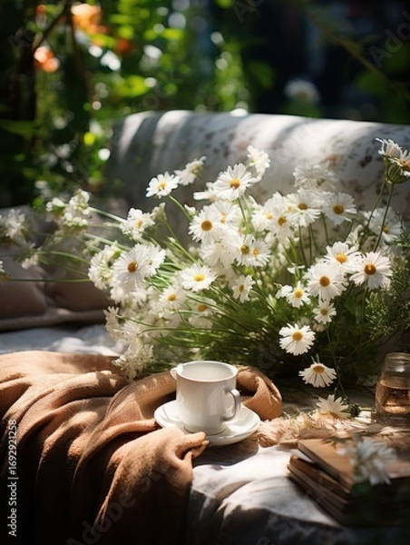 Fototapeta A serene still life featuring daisies, a teacup, and a book on a blanket in soft natural light