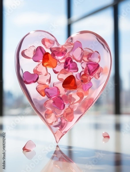 Fototapeta A clear heart shaped container filled with smaller pink and red hearts on a reflective surface near window