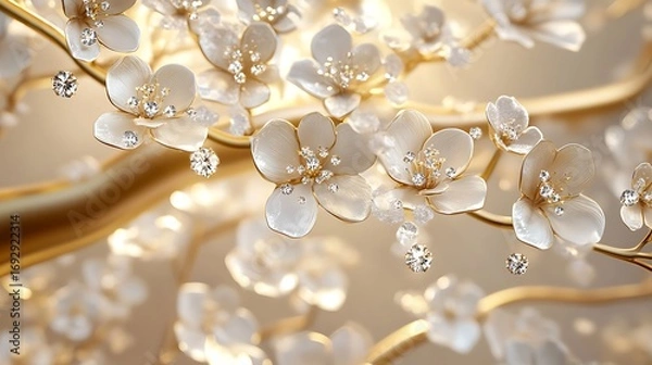 Fototapeta Elegant close up photo of blossoming flowers with sparkling diamonds on gold branches