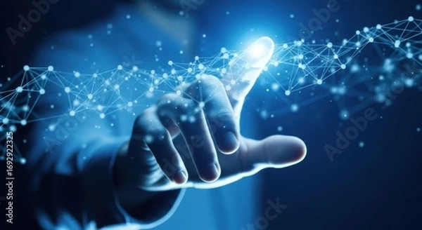 Fototapeta Human finger interacting with a glowing digital network of data points