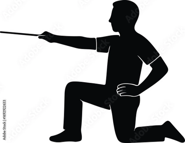 Fototapeta Vector Silhouette man on knee holding wand or pointer Illustrator