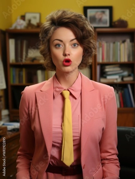 Fototapeta Woman in pink suit and yellow tie standing in front of bookshelf with surprised expression on her face