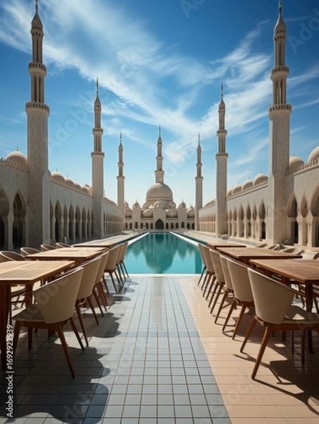 Fototapeta Exterior view of a mosque with a pool and tables and chairs under a bright blue sky with clouds