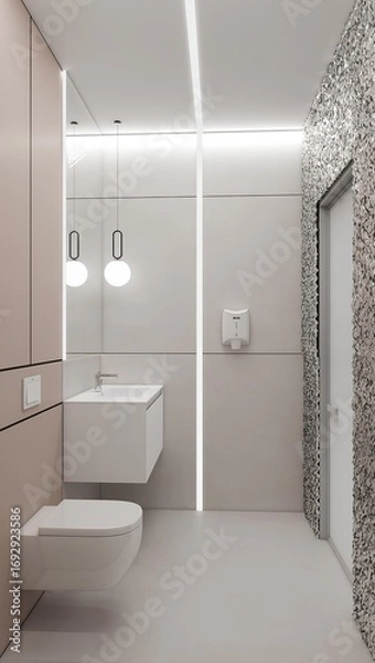 Obraz Minimalist bathroom with soft beige walls, wall-mounted toilet, floating vanity, pendant lights, and modern linear LED accents. Sleek design with a textured feature wall