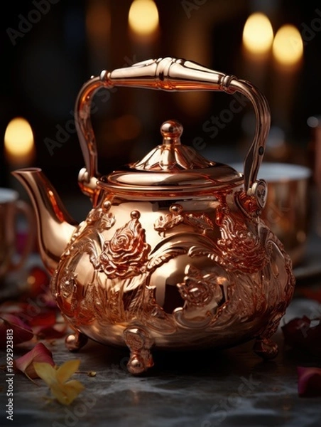 Fototapeta A close up of an ornate copper teapot with floral details and a curved handle on a dark surface