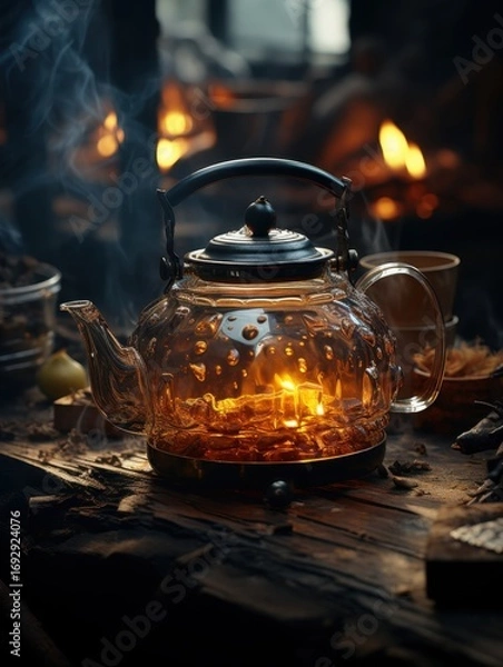 Fototapeta A clear glass teapot with herbs inside sits on a wooden surface near a warm glowing fireplace