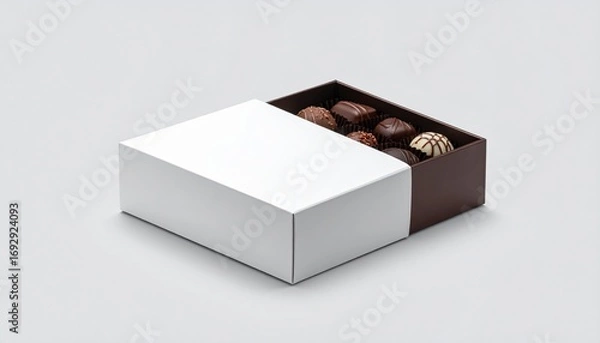 Fototapeta Elegant assortment of gourmet chocolate pralines and truffles in a partially opened white and brown sliding gift box, ideal for mockup
