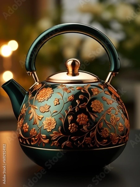 Fototapeta Close up of a dark green teapot with gold floral designs and a matching handle and lid on a table