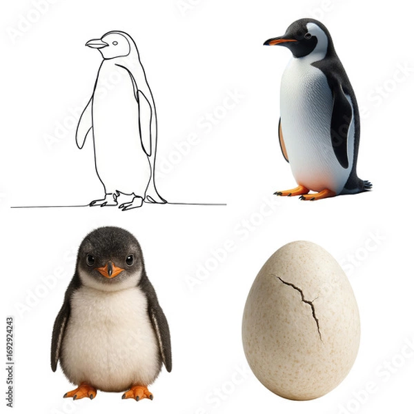 Fototapeta A set of penguin illustrations on a transparent background for design