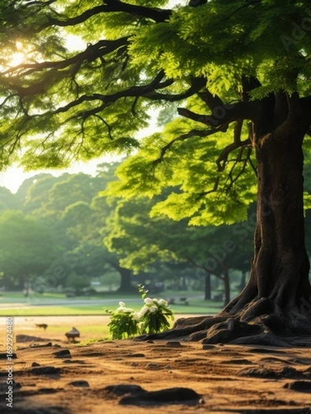 Fototapeta A large tree with green leaves and exposed roots in a park on a sunny day with other trees in back