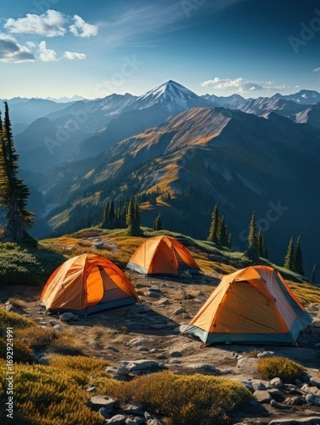 Fototapeta Three orange tents pitched on a hill with a mountain range and blue sky in the background scenery view