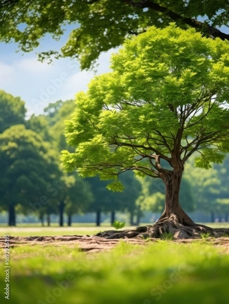 Fototapeta A vibrant green tree with exposed roots stands prominently in a lush park on a sunny day scene outdoors