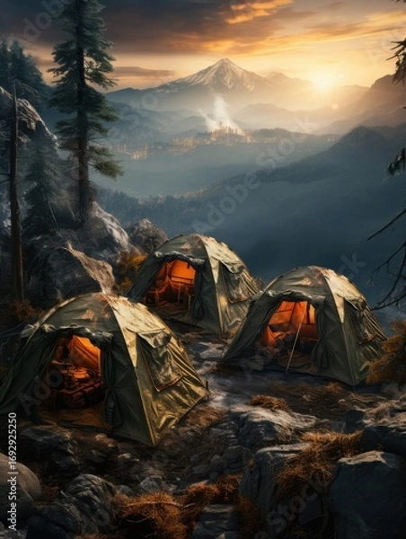Fototapeta Three tents glowing in a mountain campsite with trees, rocks, and a sunset over the peaks in the background