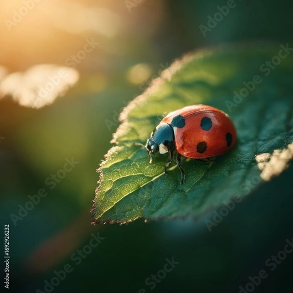 Obraz Ladybug on a vibrant green leaf bathed in sunlight