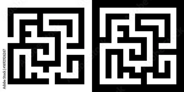 Fototapeta Simple vector maze icons. Black square labyrinth symbols for puzzle, logic, challenge, game design, problem solving concepts.