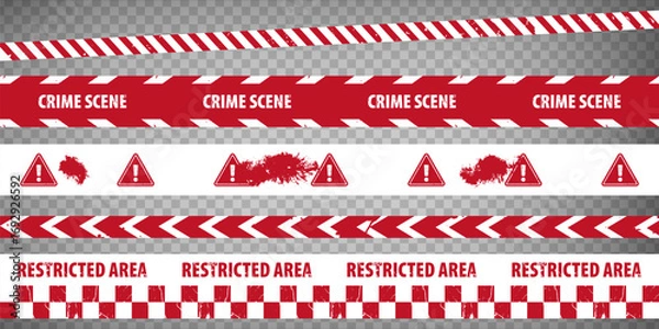 Fototapeta Red and white restricted area stripe border, crime scene, closed tapes set. Set of danger caution grunge tapes.  Warning signs for your  design on transparent background. EPS10