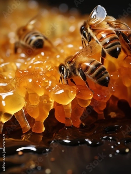 Fototapeta A close up shot of honeybees on a honeycomb with dripping honey and a dark background in soft focus