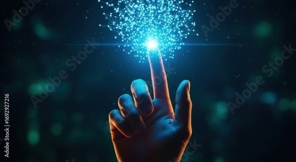 Fototapeta Human finger touches glowing digital particles creating a burst of light and energy