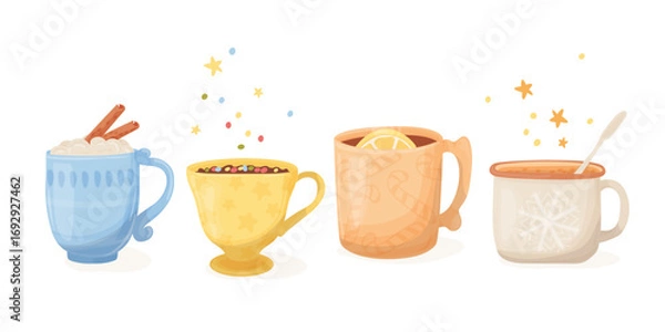 Fototapeta Hot chocolate, cocoa, tea mugs. Cups of hot Christmas drink with marshmallows, cinnamon, candies. Vector illustration set.