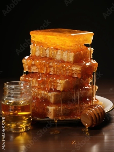 Fototapeta A stack of honeycomb pieces with honey dripping down, a jar and dipper on a dark background
