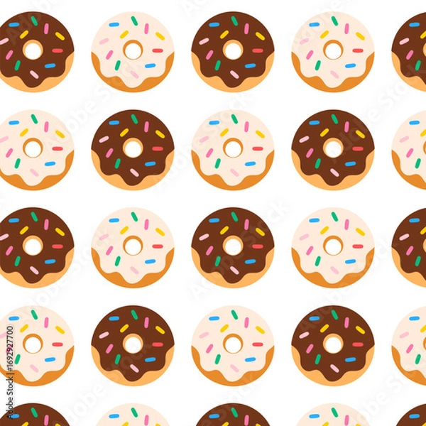 Fototapeta Seamless donut pattern with chocolate glaze and sprinkles. Sweet dessert background for textile, packaging, wallpaper, cafe design.