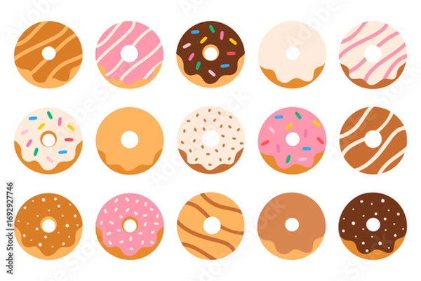Fototapeta Flat vector set of colorful donuts with icing and sprinkles. Sweet dessert collection for bakery, cafe, menu, sticker, packaging design.