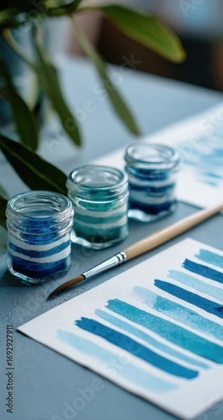 Obraz Watercolor paints and brush on a table